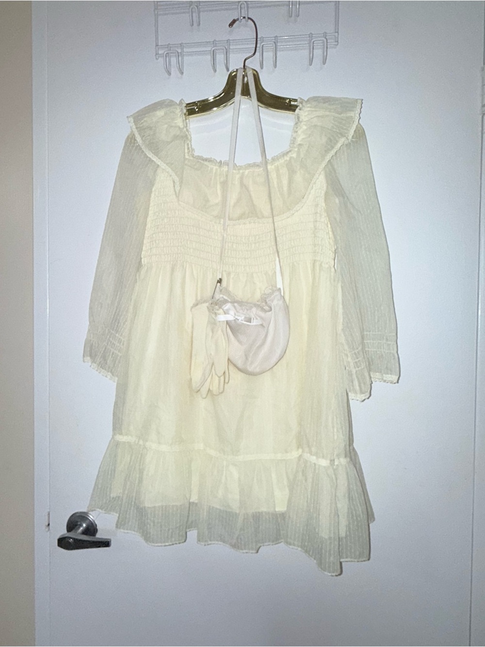 Vintage Cream Ruffled Smocked Dress for Girls with / Gloves / Bag